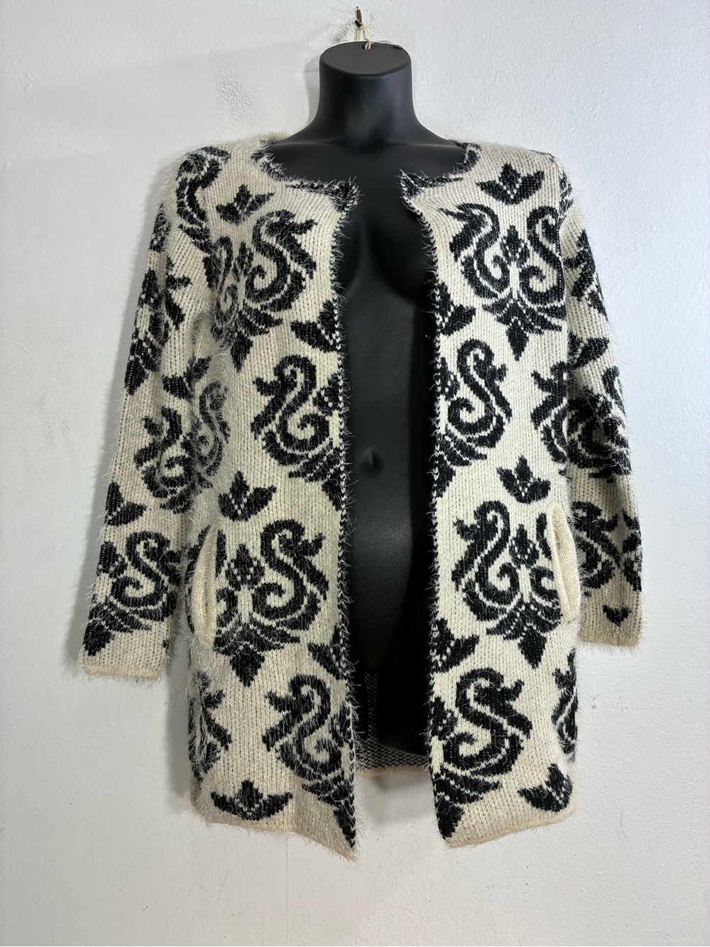 Ivory and Black Open-Front Fuzzy Women's Sweater Cardigan